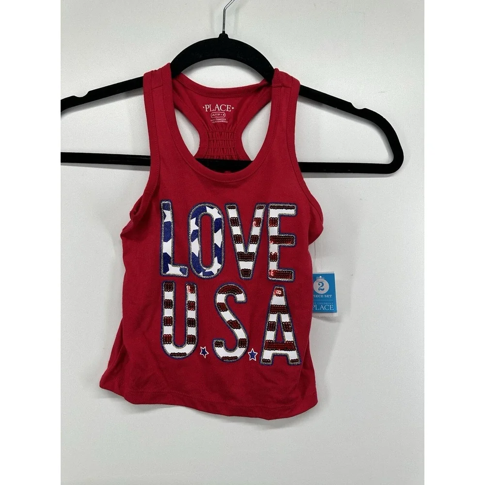 THE CHILDRENS  PLACE Red Love Usa  TANK TEE SHIRT Sequin Brand New‎